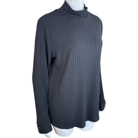 Susan Graver Rib Knit Mock Neck Long Sleeve Top with Button Detail Black Large - Picture 11 of 11